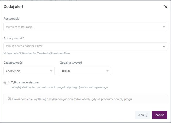 Formularz alertu niskiego stanu
