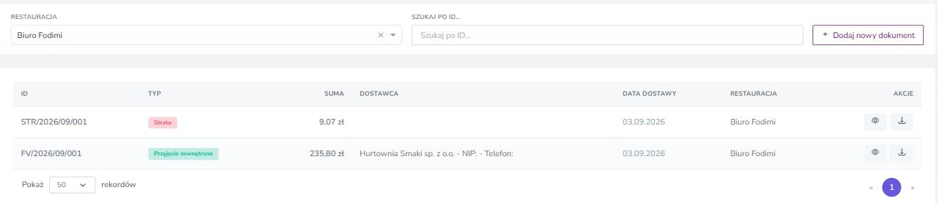 Lista dokumentów magazynowych