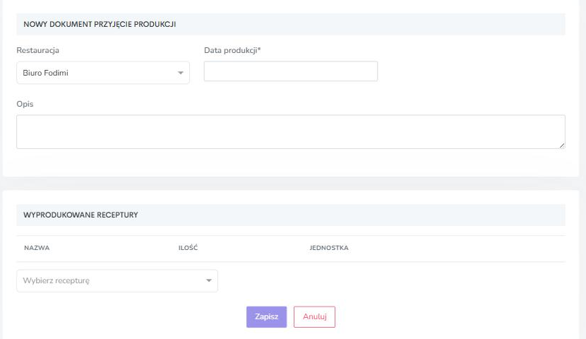 Formularz przyjęcia produkcji