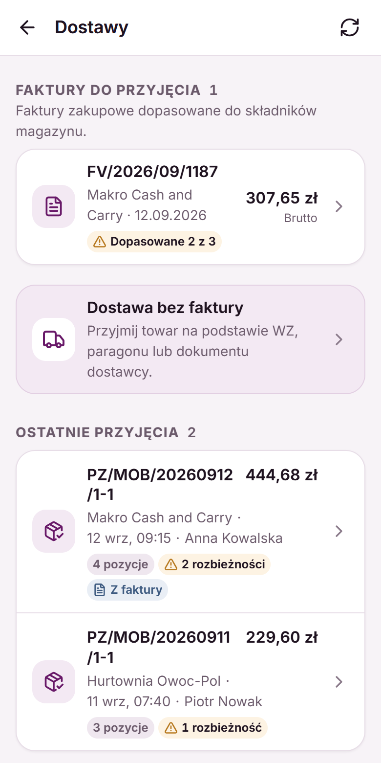 Ekran Dostawy: faktura do przyjęcia z Makro, kafel Dostawa bez faktury i lista ostatnich przyjęć z rozbieżnościami