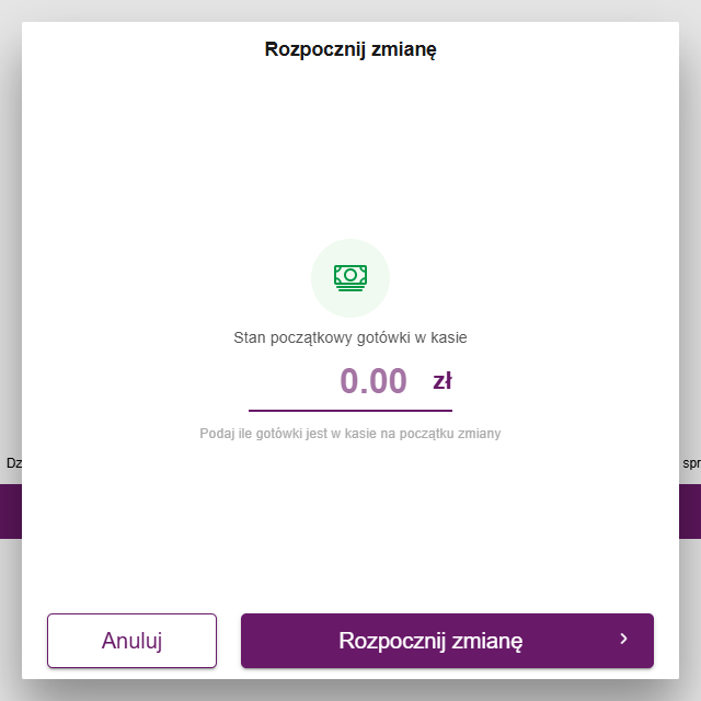 Okno Rozpocznij zmianę z polem Stan początkowy gotówki w kasie