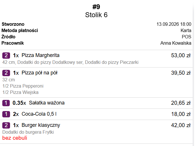 Numery kolejności serwowania przy pozycjach