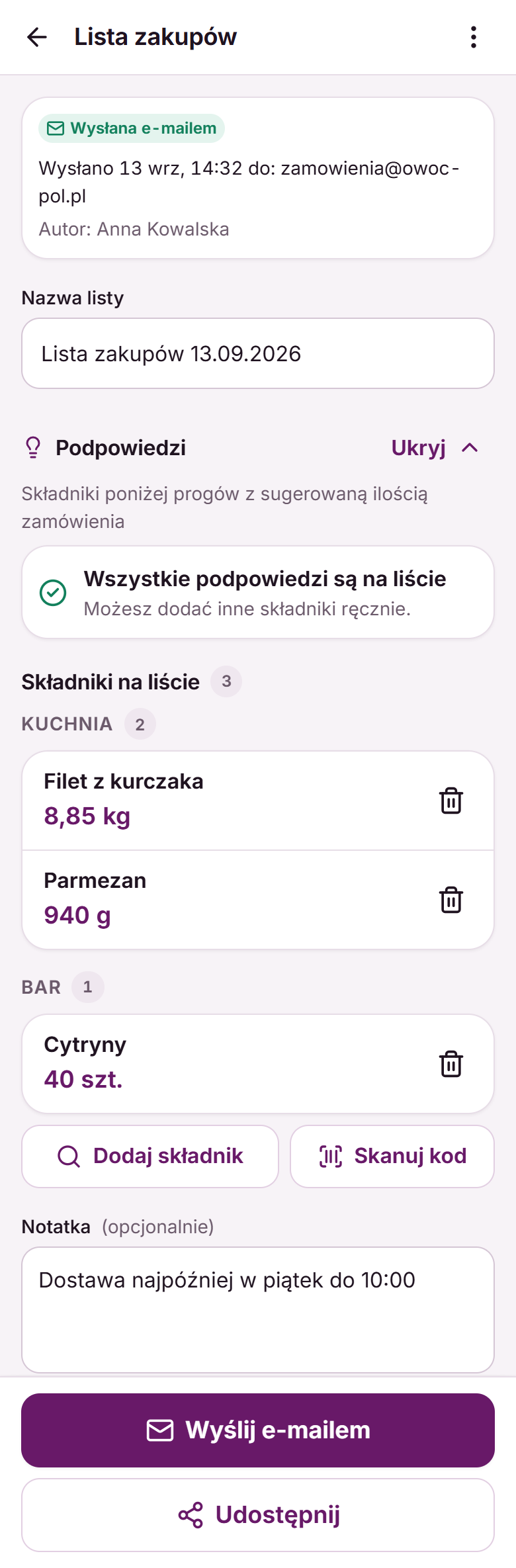 Zapisana lista zakupów ze statusem Wysłana e-mailem, składnikami pogrupowanymi na Kuchnię i Bar, notatką oraz przyciskami Wyślij e-mailem i Udostępnij