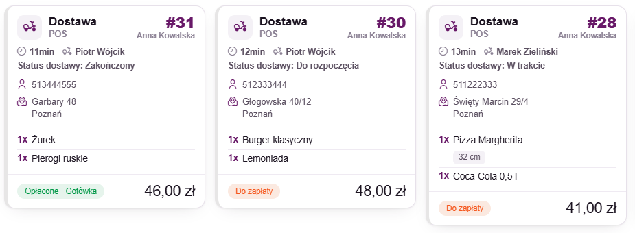 Karty rachunków z kurierem i statusem dostawy