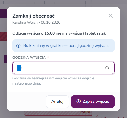 Okno z komunikatem Brak zmiany w grafiku – podaj godzinę wyjścia
