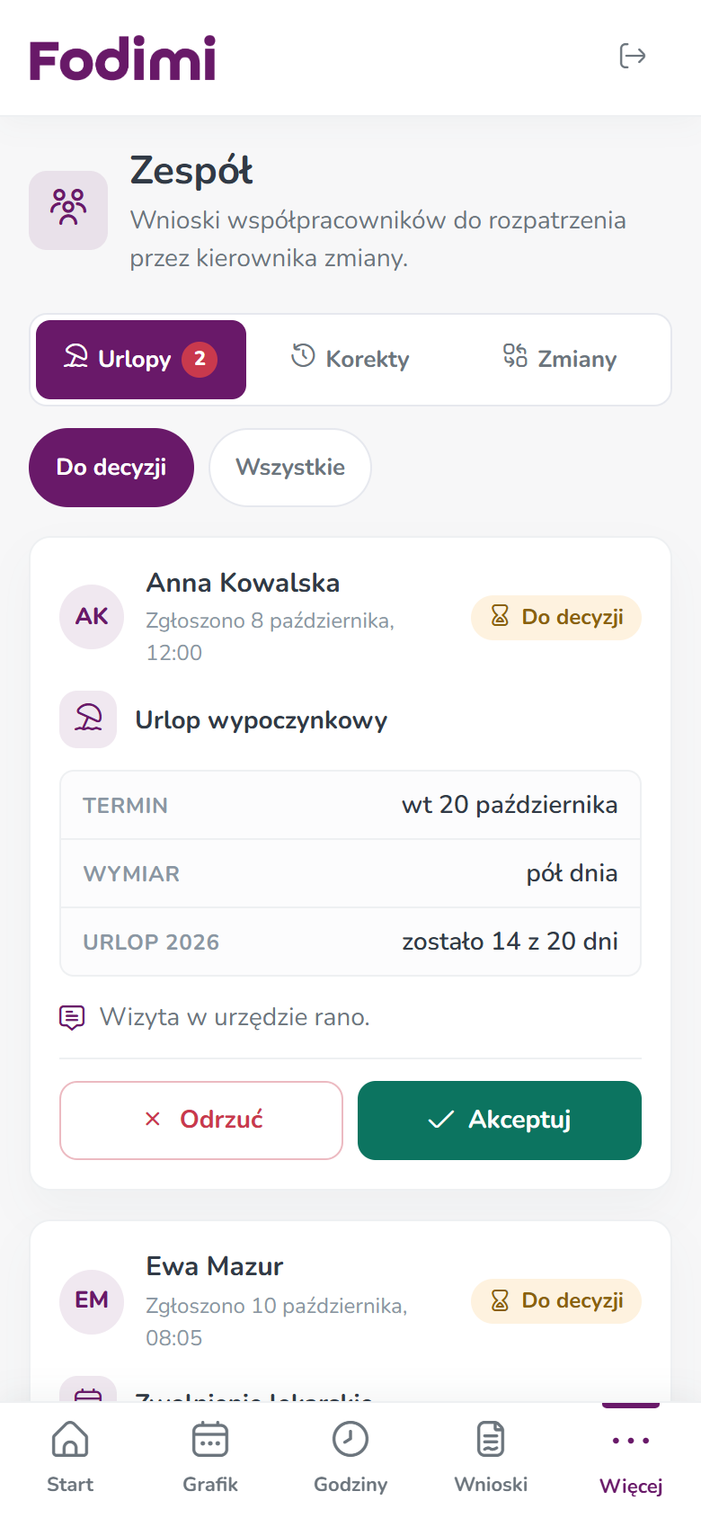 Ekran Zespół w panelu kierownika zmiany na telefonie z wnioskiem urlopowym i przyciskami Odrzuć i Akceptuj