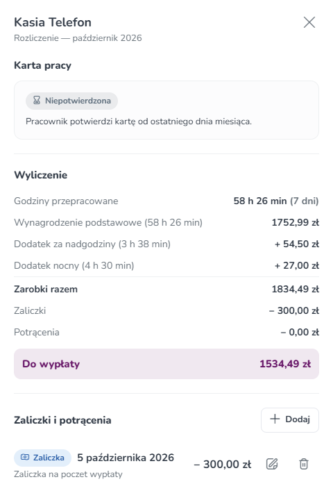 Szczegóły rozliczenia Kasi: wyliczenie kwoty i lista Zaliczki i potrącenia z zaliczką 300 zł z 5 października oraz ikonami edycji i usuwania