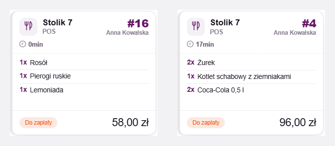 Dwa rachunki przy Stoliku 7 po podziale: #16 na 58 zł i #4 na 96 zł