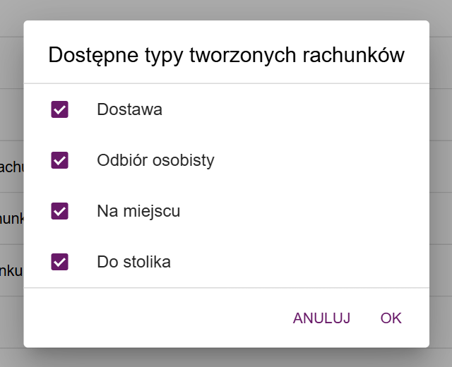 Wybór dostępnych typów tworzonych rachunków