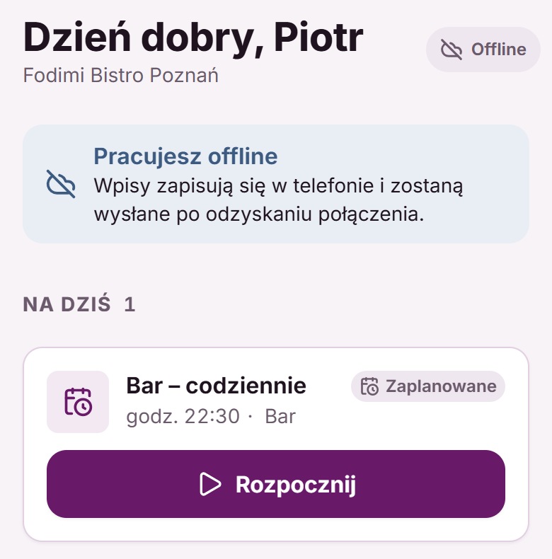 Ekran Start z komunikatem Pracujesz offline