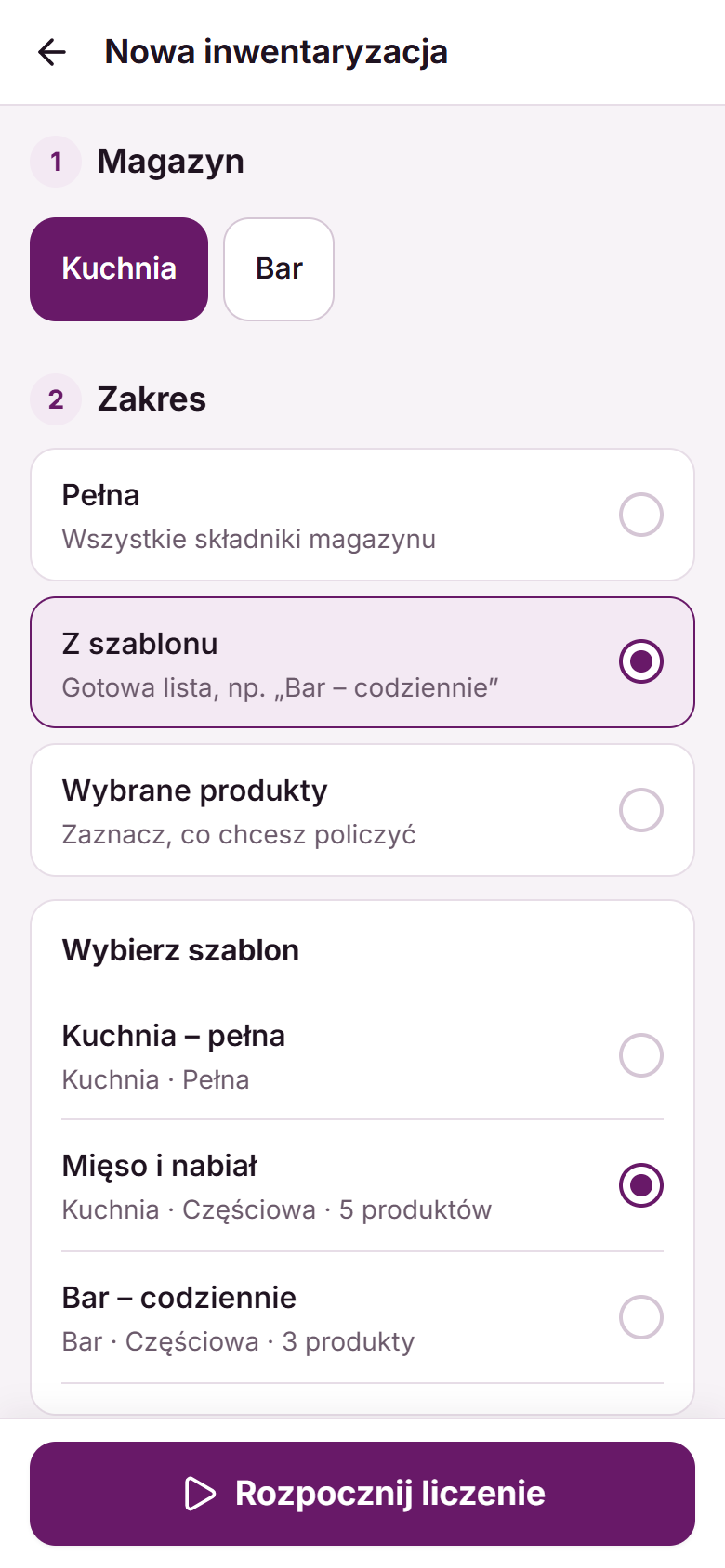 Ekran „Nowa inwentaryzacja” z wybranym magazynem Kuchnia i szablonem „Mięso i nabiał”