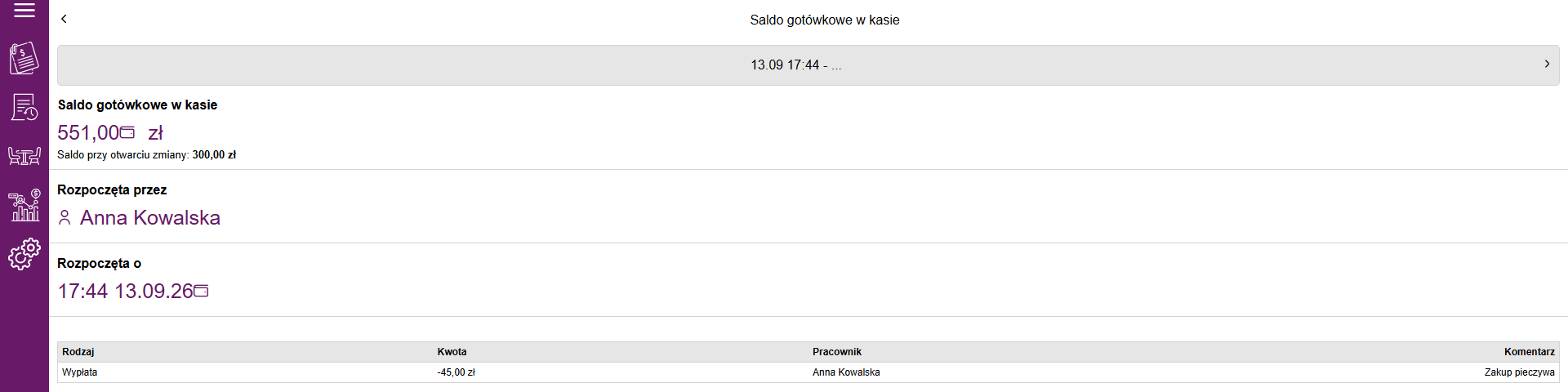Saldo gotówkowe w kasie z listą ręcznych wpłat i wypłat