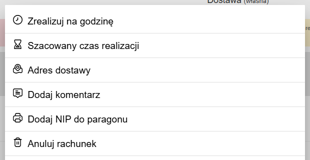 Menu z trzema kropkami przy przyjętym zamówieniu