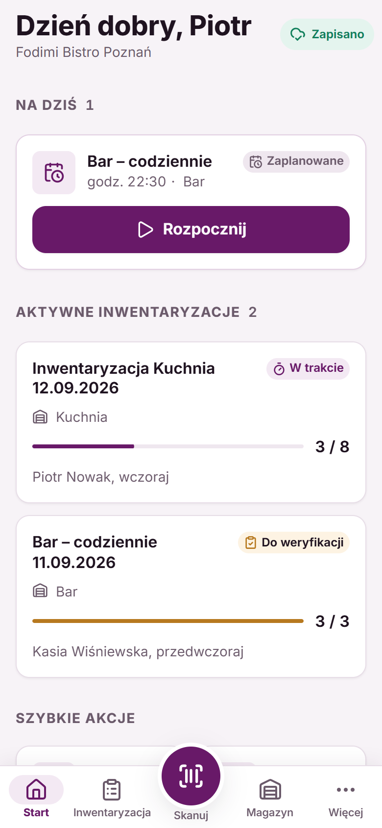 Ekran Start z sekcjami Na dziś i Aktywne inwentaryzacje