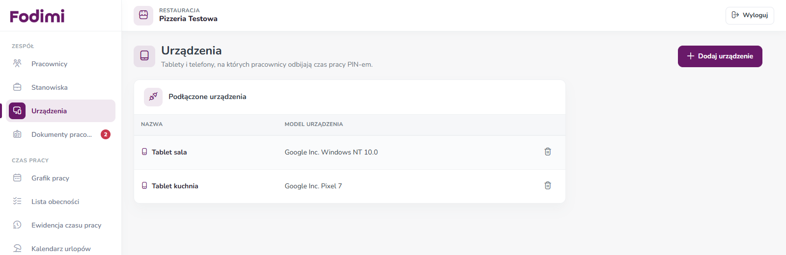 Lista Podłączone urządzenia z nazwą i modelem tabletu