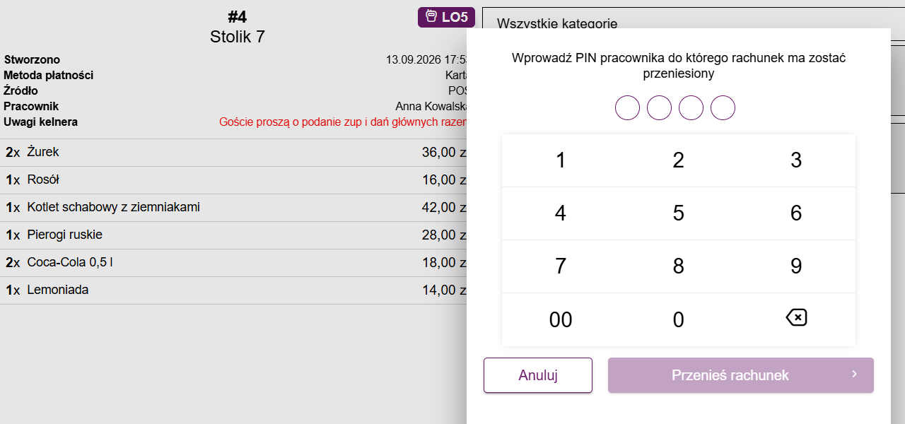 Okno wpisywania PIN-u pracownika, do którego trafi rachunek
