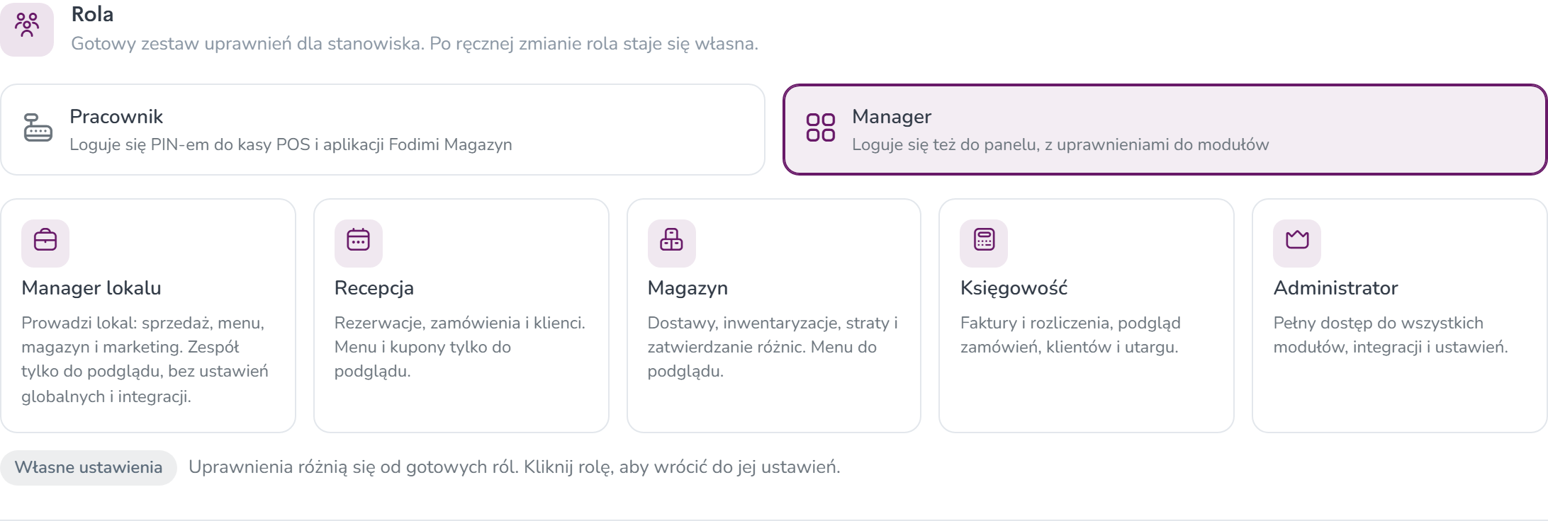 Oznaczenie Własne ustawienia po ręcznej zmianie uprawnień