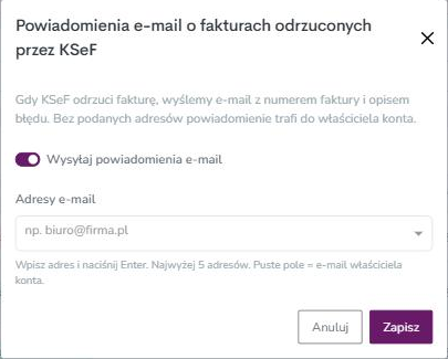 Ustawienia powiadomień e-mail o fakturach odrzuconych przez KSeF