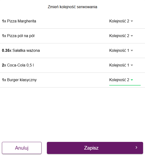 Okno Zmień kolejność serwowania