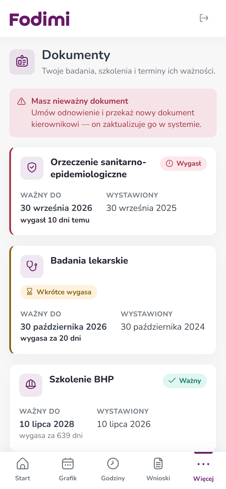Ekran Dokumenty w panelu pracownika na telefonie z ostrzeżeniem Masz nieważny dokument