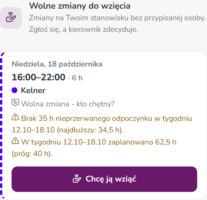 Karta Wolne zmiany do wzięcia — niedziela 18 października 16:00–22:00 Kelner z ostrzeżeniami i przyciskiem Chcę ją wziąć