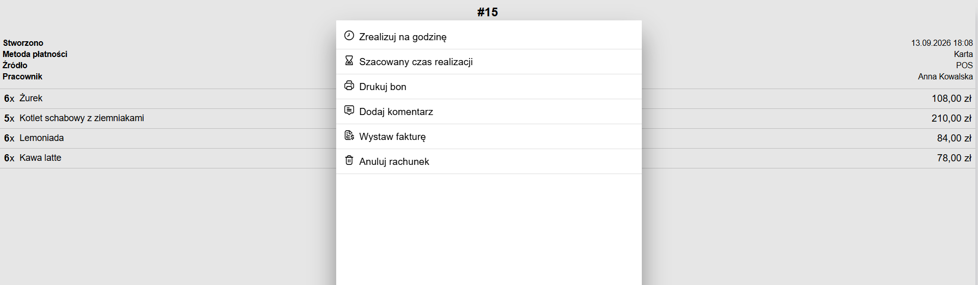 Menu zakończonego rachunku z opcją Wystaw fakturę