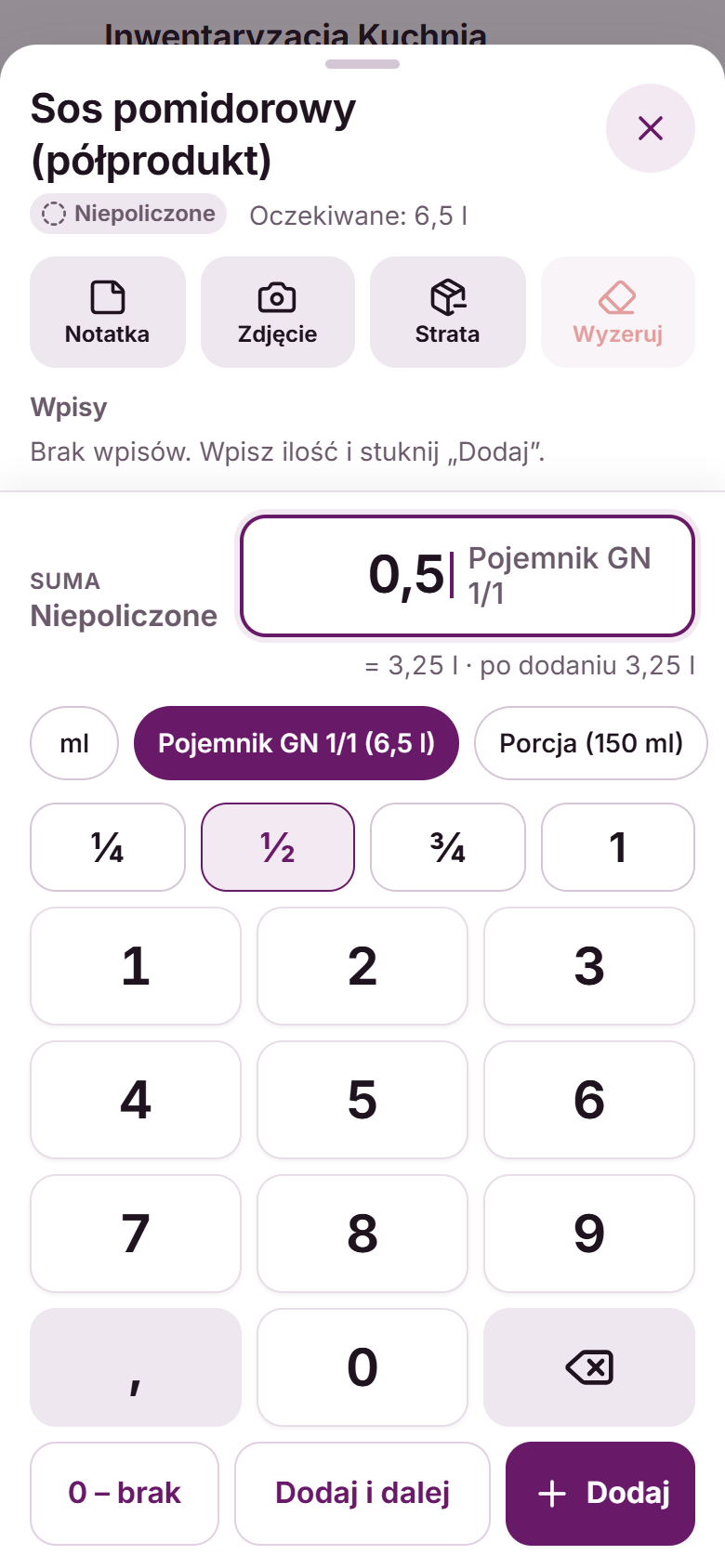 Okno wpisu dla sosu pomidorowego z wybranym pojemnikiem GN 1/1 i zaznaczonym ułamkiem ½