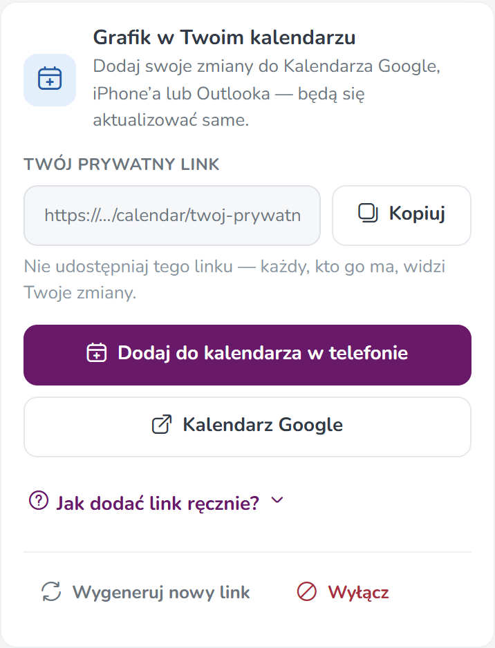 Karta z prywatnym linkiem do kalendarza i przyciskami Kopiuj, Dodaj do kalendarza w telefonie, Kalendarz Google, Wygeneruj nowy link i Wyłącz