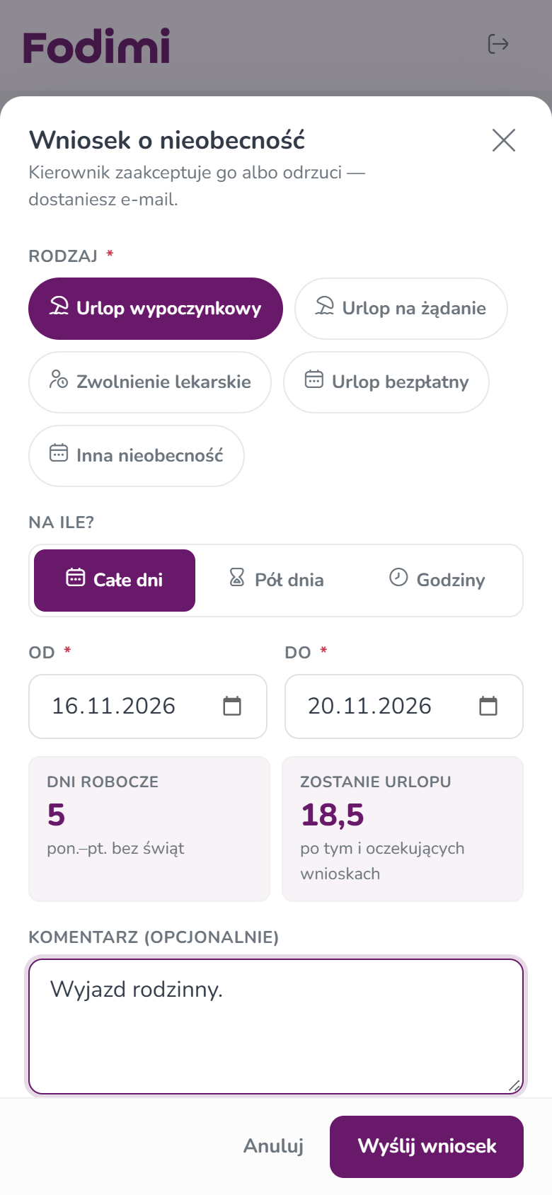 Wniosek o nieobecność — Urlop wypoczynkowy na całe dni 16–20.11.2026, 5 dni roboczych, zostanie 18,5 dnia