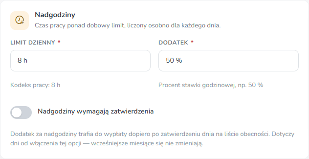 Karta Nadgodziny z przełącznikiem Nadgodziny wymagają zatwierdzenia