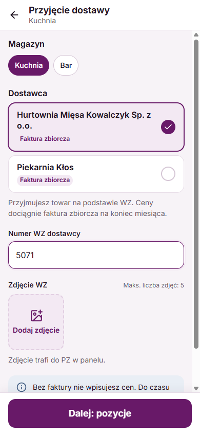 Dostawca i numer WZ w aplikacji