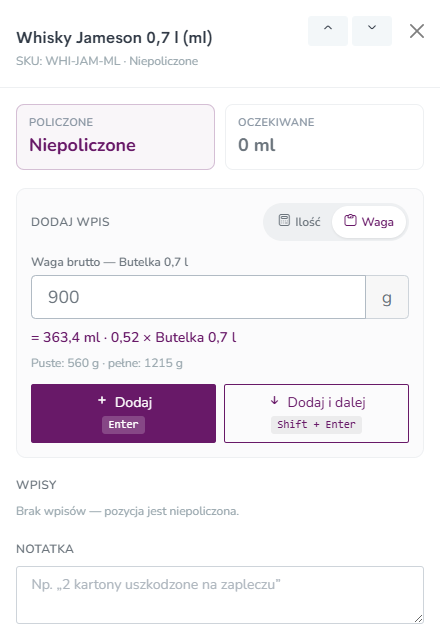 Panel boczny liczenia w trybie Waga: wpisane 900 g i podgląd 363,4 ml, czyli 0,52 butelki