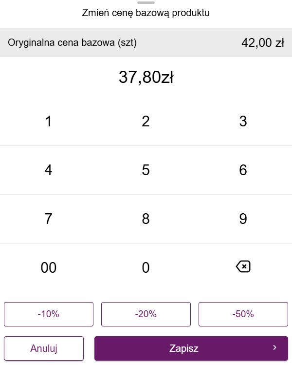 Okno zmiany ceny po kliknięciu -10%