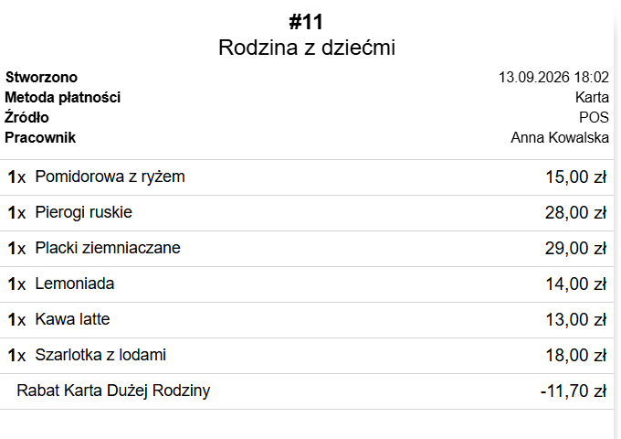 Rachunek z rabatem Karta Dużej Rodziny na końcu listy pozycji