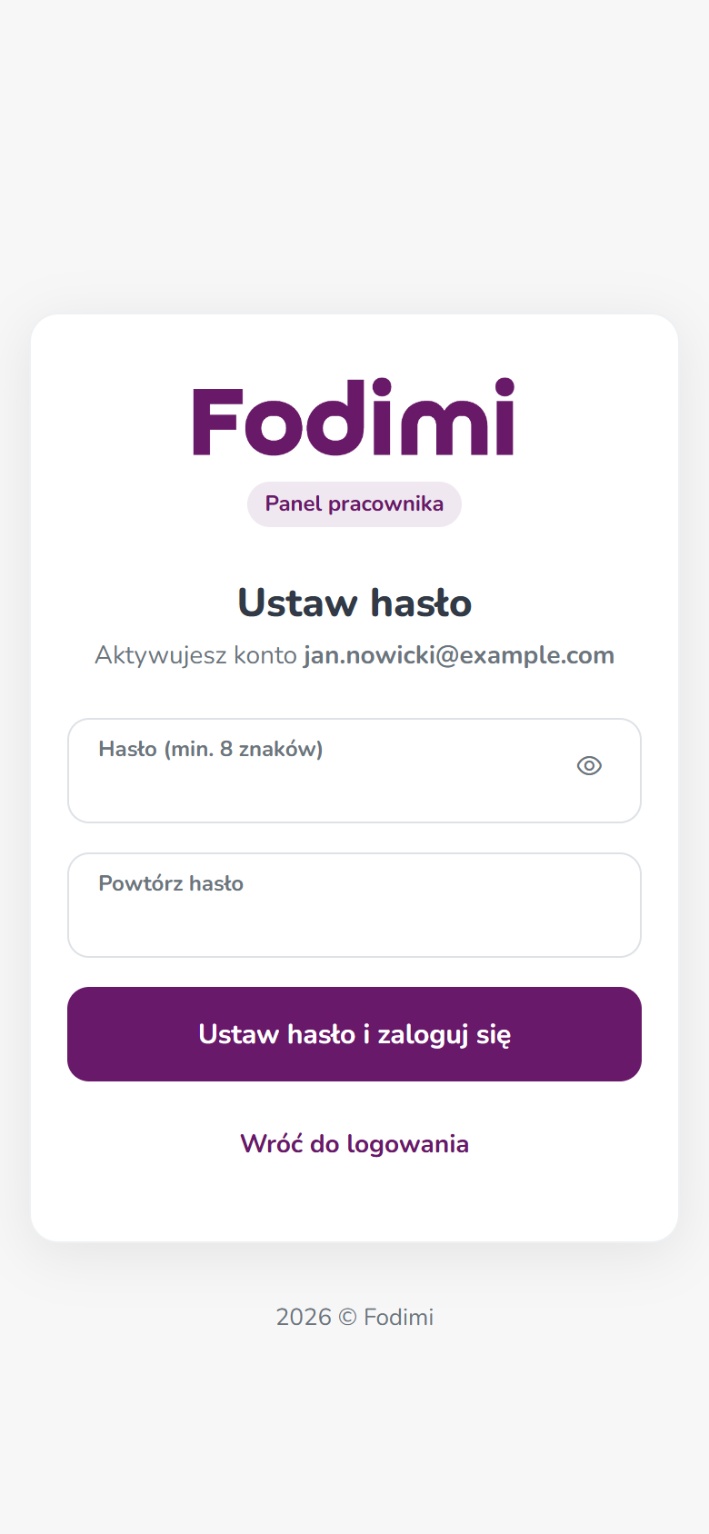 Ekran Ustaw hasło w panelu pracownika na telefonie, otwierany z linku w zaproszeniu
