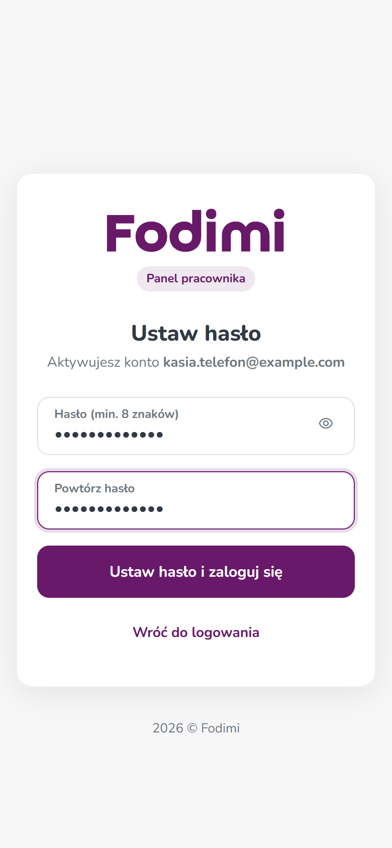 Ekran Ustaw hasło na telefonie — dwa pola hasła i przycisk Ustaw hasło i zaloguj się