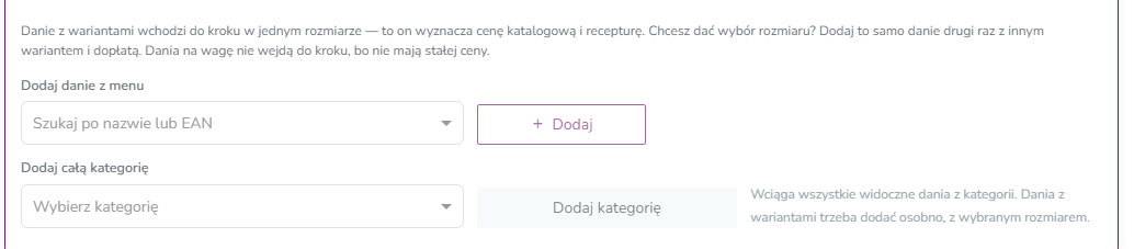 Dodawanie dania z menu i całej kategorii