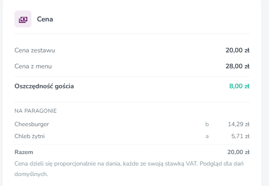 Karta ceny z podglądem paragonu