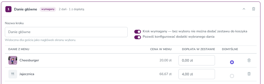 Krok zestawu z tabelą dań