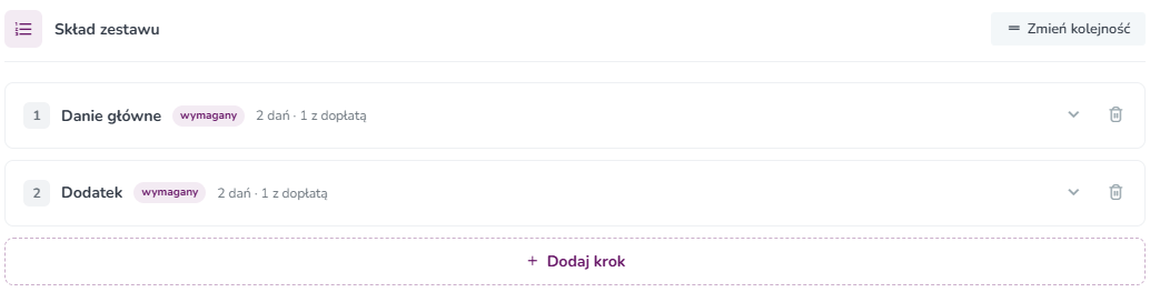 Lista kroków zestawu z przyciskiem Dodaj krok