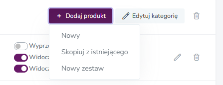 Przycisk Dodaj produkt z pozycją Nowy zestaw