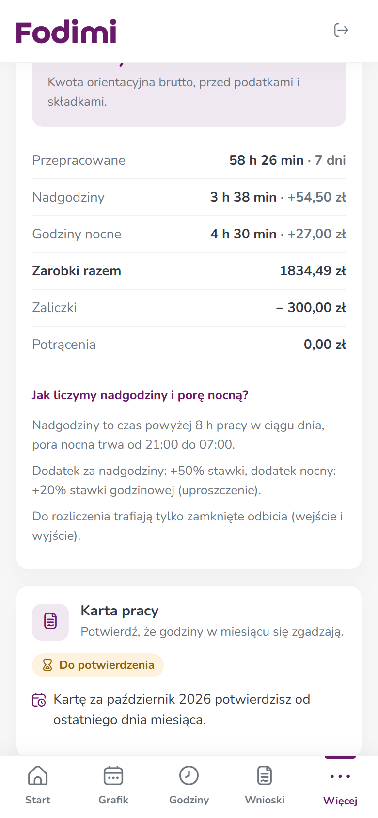 Panel pracownika na telefonie: rozwinięte wyjaśnienie — nadgodziny to czas powyżej 8 h w ciągu dnia, pora nocna od 21:00 do 07:00, dodatki +50% i +20% stawki
