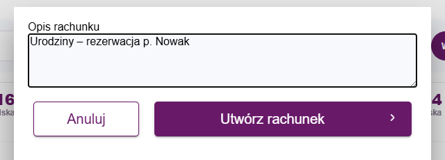 Okno Opis rachunku z wpisanym opisem i przyciskiem Utwórz rachunek